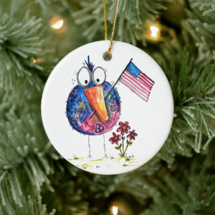 Niedlicher, weißer, patriotischer Vogel mit Fahne Keramik Ornament