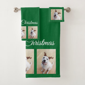 Niedlicher Weißer Rentier Welpenhund Weihnachtsgrü Badhandtuch Set