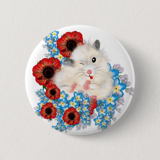 Niedlicher, weißer Riesenhamster in Blume Button (Vorderseite)