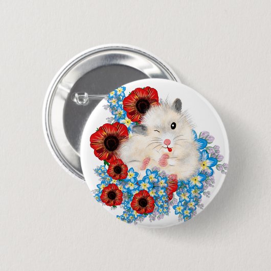Niedlicher, weißer Riesenhamster in Blume Button (Vorne & Hinten)