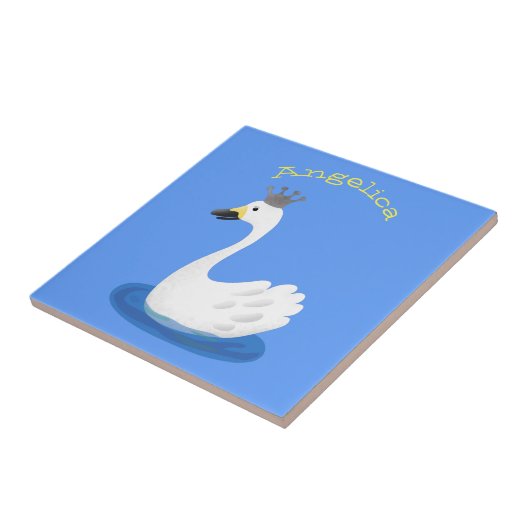 Niedlicher weißer Schwan mit KronenCartoon Fliese (Seite)