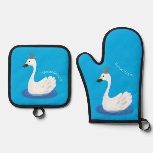 Niedlicher weißer Schwan mit KronenCartoon Ofenhandschuh & Topflappen-Set