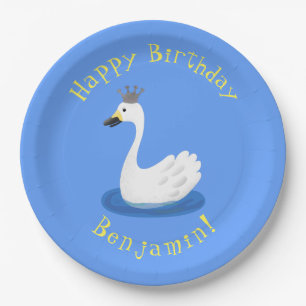 Niedlicher weißer Schwan mit KronenCartoon Pappteller