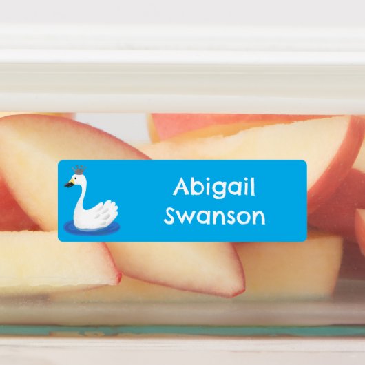 Niedlicher weißer Schwan mit kronenfarbenem Cartoo Etiketten (Befestigt)