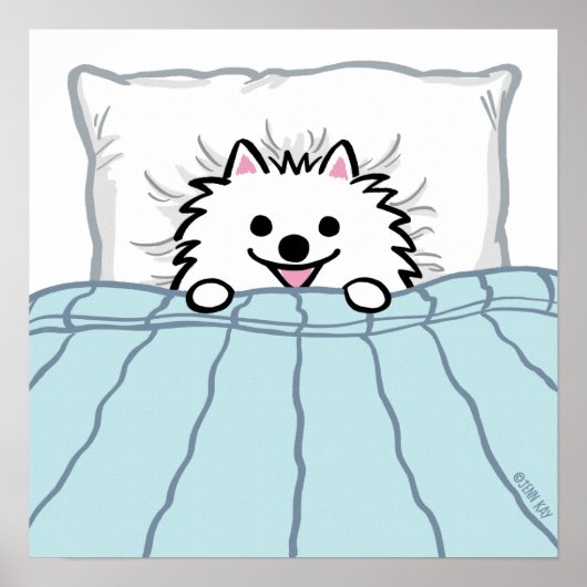 Niedlicher weißer Spitz Hund im Bett getupft Poster (Vorne)