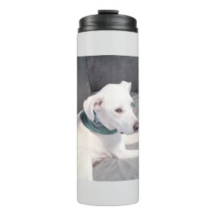 Niedlicher weißer Welpenhund mit grünem Scarf grau Thermosbecher