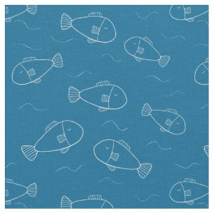 Niedlicher Weißfischdruck auf Ozeanblau Stoff