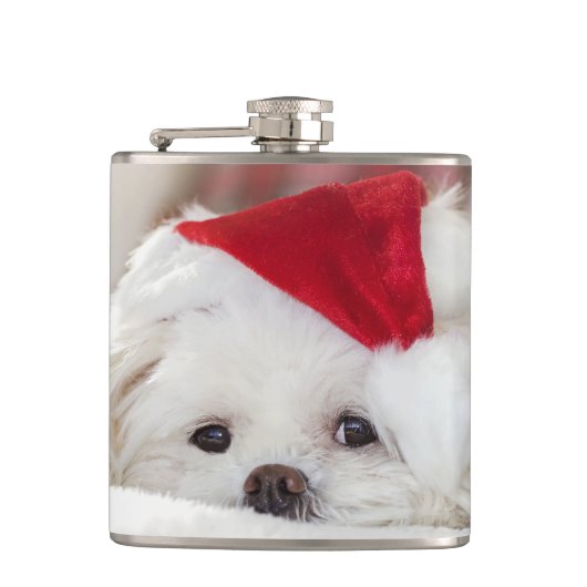 Niedlicher Weißhund in einem Red Christmas Hat Flachmann (Vorderseite)