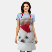 Niedlicher Weißhund in einem Red Christmas Hat Schürze (Getragen)