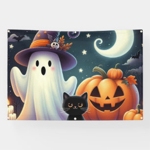 Niedlicher, weißlicher Halloween-Kürbis, Katzenkür Banner