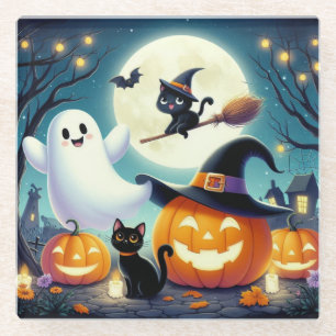 Niedlicher, weißlicher Halloween-Kürbis, Katzenkür Glasuntersetzer