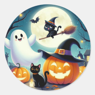 Niedlicher, weißlicher Halloween-Kürbis, Katzenkür Runder Aufkleber