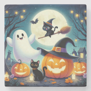 Niedlicher, weißlicher Halloween-Kürbis, Katzenkür Steinuntersetzer