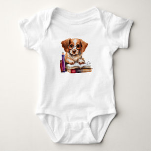 Niedlicher Welpe auf Büchern mit Brille Baby Strampler