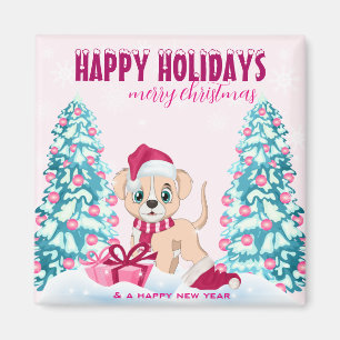 Niedlicher Welpe Cartoons Pink Weihnachtsfeiertage Magnet