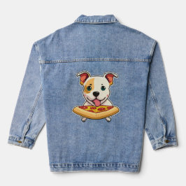 Niedlicher Welpe, der eine Pizzasur hält Jeansjacke