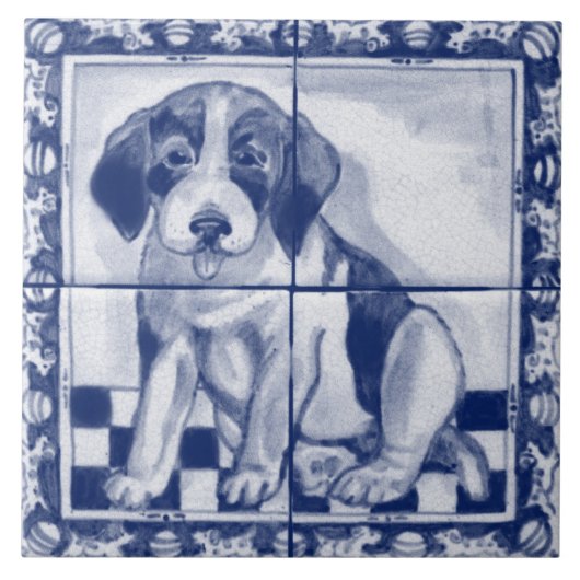 Niedlicher Welpe Hund Blue White Dedham Delft Triv Fliese (Vorderseite)
