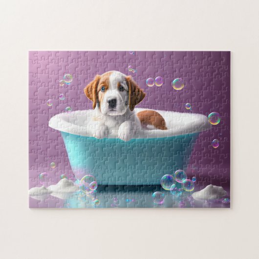 Niedlicher Welpe in einer Badewanne mit Blasen, Ki Puzzle (Horizontal)
