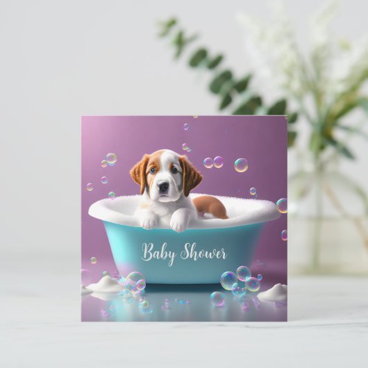 Niedlicher Welpe in einer Badewanne mit Seifenblas Einladung (Stehend Vorderseite)