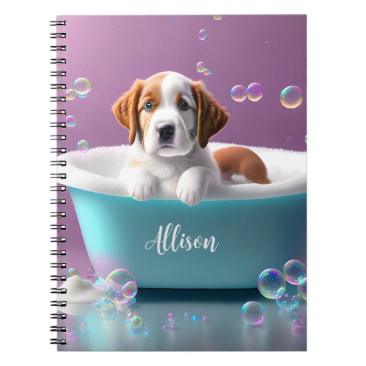 Niedlicher Welpe in einer Badewanne mit Seifenblas Notizblock (Vorderseite)