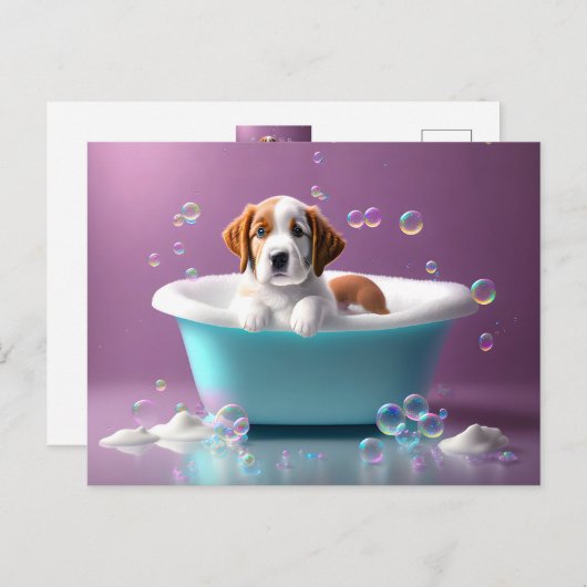 Niedlicher Welpe in einer Badewanne mit Seifenblas Postkarte (Vorne/Hinten)