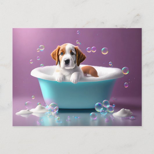 Niedlicher Welpe in einer Badewanne mit Seifenblas Postkarte (Vorderseite)