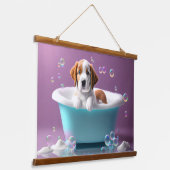 Niedlicher Welpe in einer Badewanne mit Seifenblas Wandteppich Mit Holzrahmen (Gewinkelt)