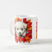 niedlicher Welpe mit Herbstblättern, Design der Ta Kaffeetasse (Vorderseite Links)