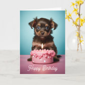 Niedlicher Welpe mit Pink Cake Dog Geburtstag Karte (Gelbe Blume)