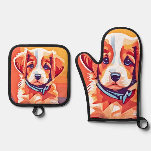 Niedlicher Welpe-Pop Art Ofenhandschuh & Topflappen-Set (Vorderseite)