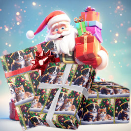 Niedlicher Welpe und Katze unter Weihnachtsbaum Geschenkpapier