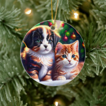 Niedlicher Welpe und Katze unter Weihnachtsbaum