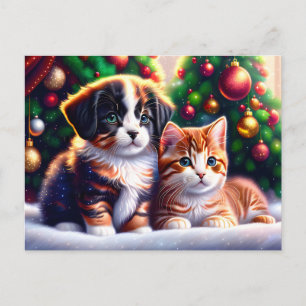 Niedlicher Welpe und Katze unter Weihnachtsbaum Postkarte