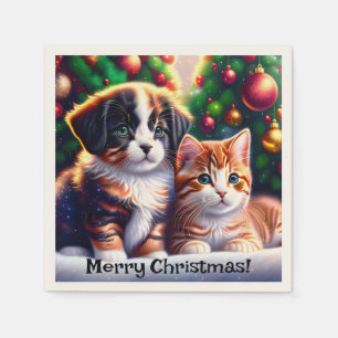 Niedlicher Welpe und Katze unter Weihnachtsbaum Serviette