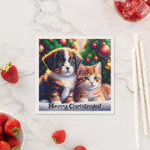 Niedlicher Welpe und Katze unter Weihnachtsbaum Serviette (Beispiel)