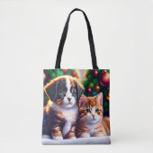 Niedlicher Welpe und Katze unter Weihnachtsbaum Tasche (Vorderseite)