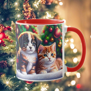Niedlicher Welpe und Katze unter Weihnachtsbaum Tasse
