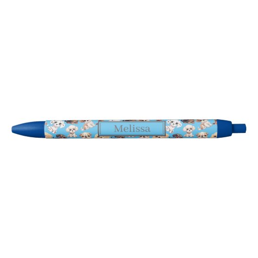 Niedlicher Welpen-Hund Blauer Pattern-Stift Kugelschreiber (Vorderseite)