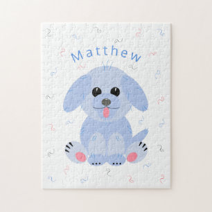 Niedlicher Welpen Hund Cartoon Blau Personalisiert Puzzle