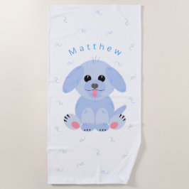 Niedlicher Welpen Hund Cartoon Blau Personalisiert Strandtuch