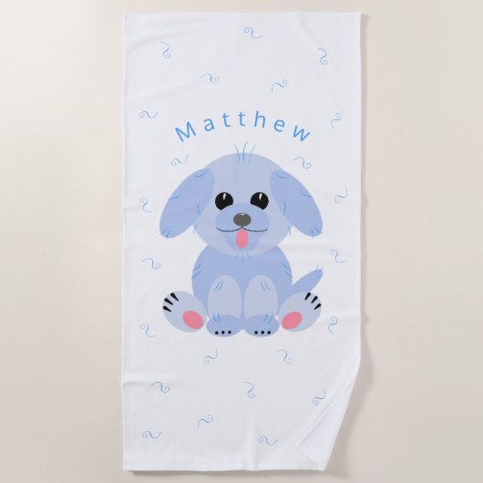Niedlicher Welpen Hund Cartoon Blau Personalisiert Strandtuch (Vorderseite)