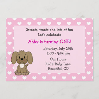 Niedlicher Welpen Hund und Herz Girls Pink 1. Gebu Einladung