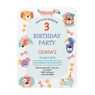 Niedlicher Welpenhund 3. Geburtstag Party Einladun Magnet