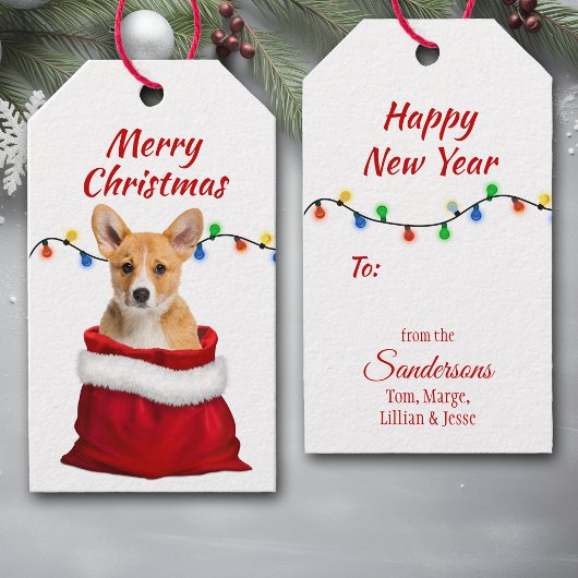 Niedlicher Welpenhund aus Corgi in Santa Bag Geschenkanhänger