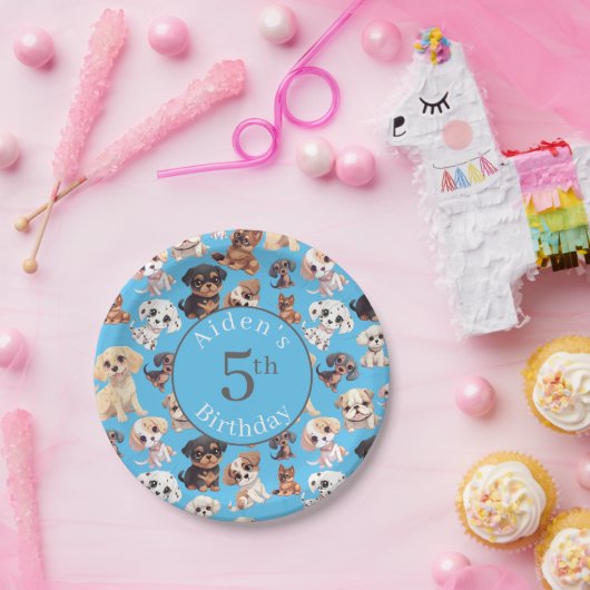 Niedlicher Welpenhund Birthday Blue Pappteller (Party)