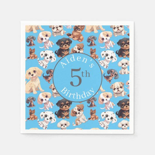 Niedlicher Welpenhund Birthday Blue Serviette (Vorderseite)