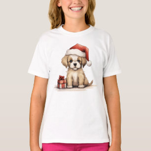 Niedlicher Welpenhund, der eine Weihnachtsmannmütz T-Shirt