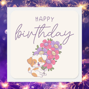 Niedlicher Welpenhund farbenfrohe Blume Happy Birt Quadratischer Aufkleber
