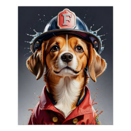 Niedlicher Welpenhund in Firefighter Uniform Water Poster