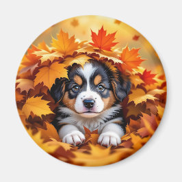 Niedlicher Welpenhund in Herbstlauben Magnet